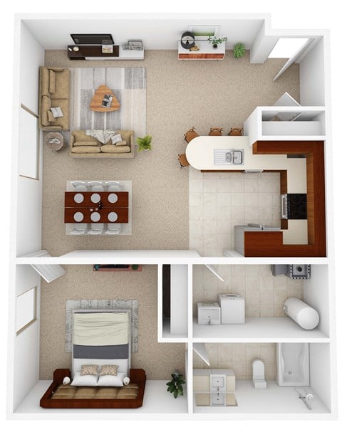 Floor plan for 1 bed, 1 bath, 722 sqft